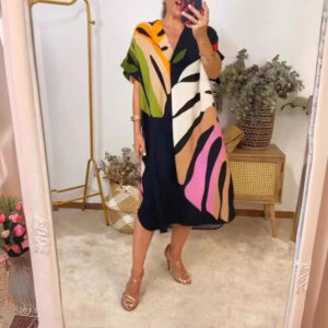 Print V-Neck Short Sleeve Split Casual Dress