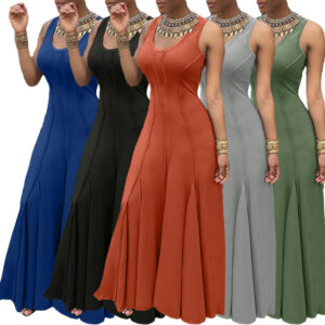 Plain U Neck Sleeveless Pleat A-Line Dress