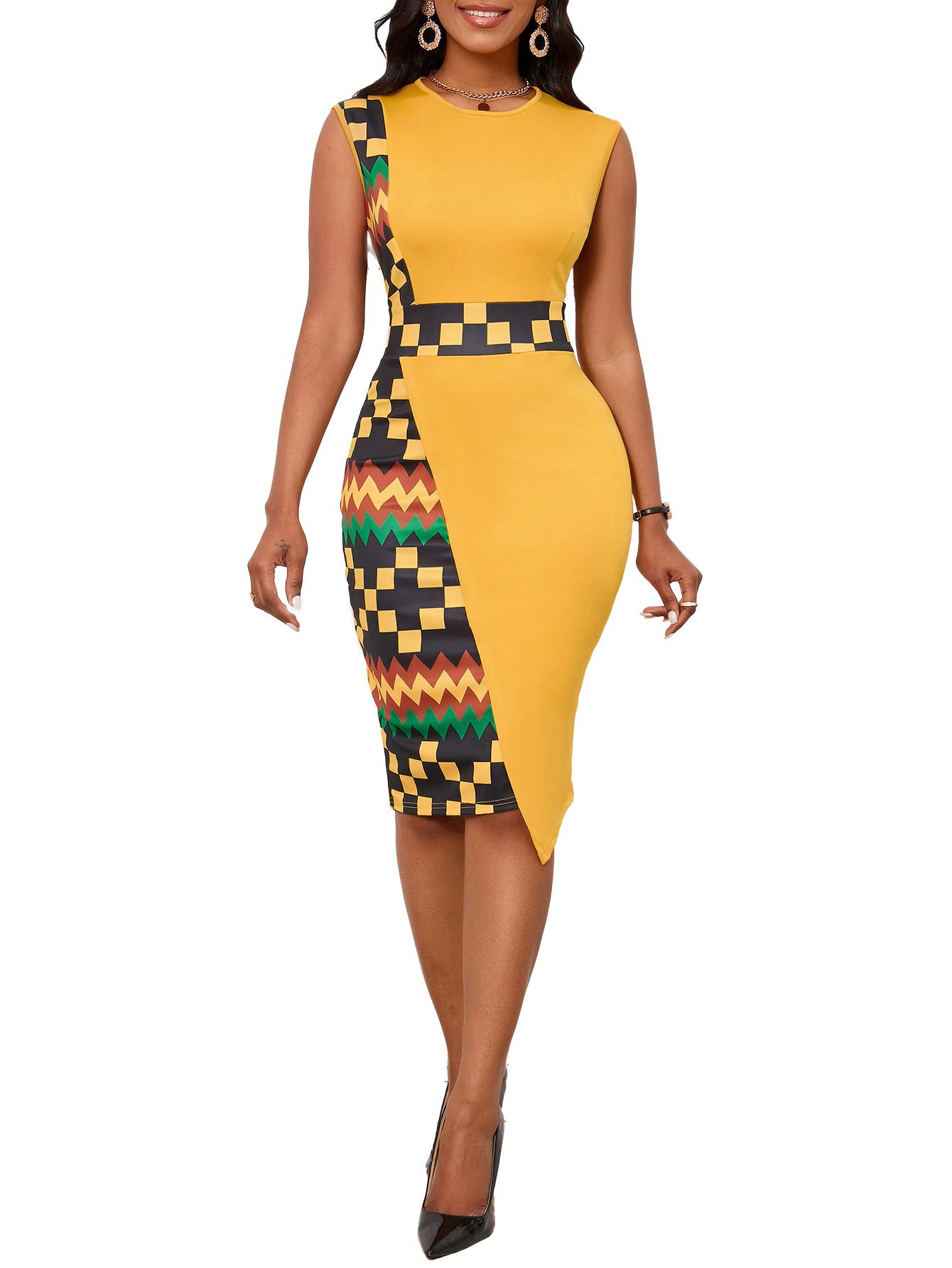 Print Patchwork O Neck Sleeveless Work Sheath Dress - Image 6