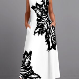 Leaf Print Pocket Sleeveless Round Neck Maxi Dress