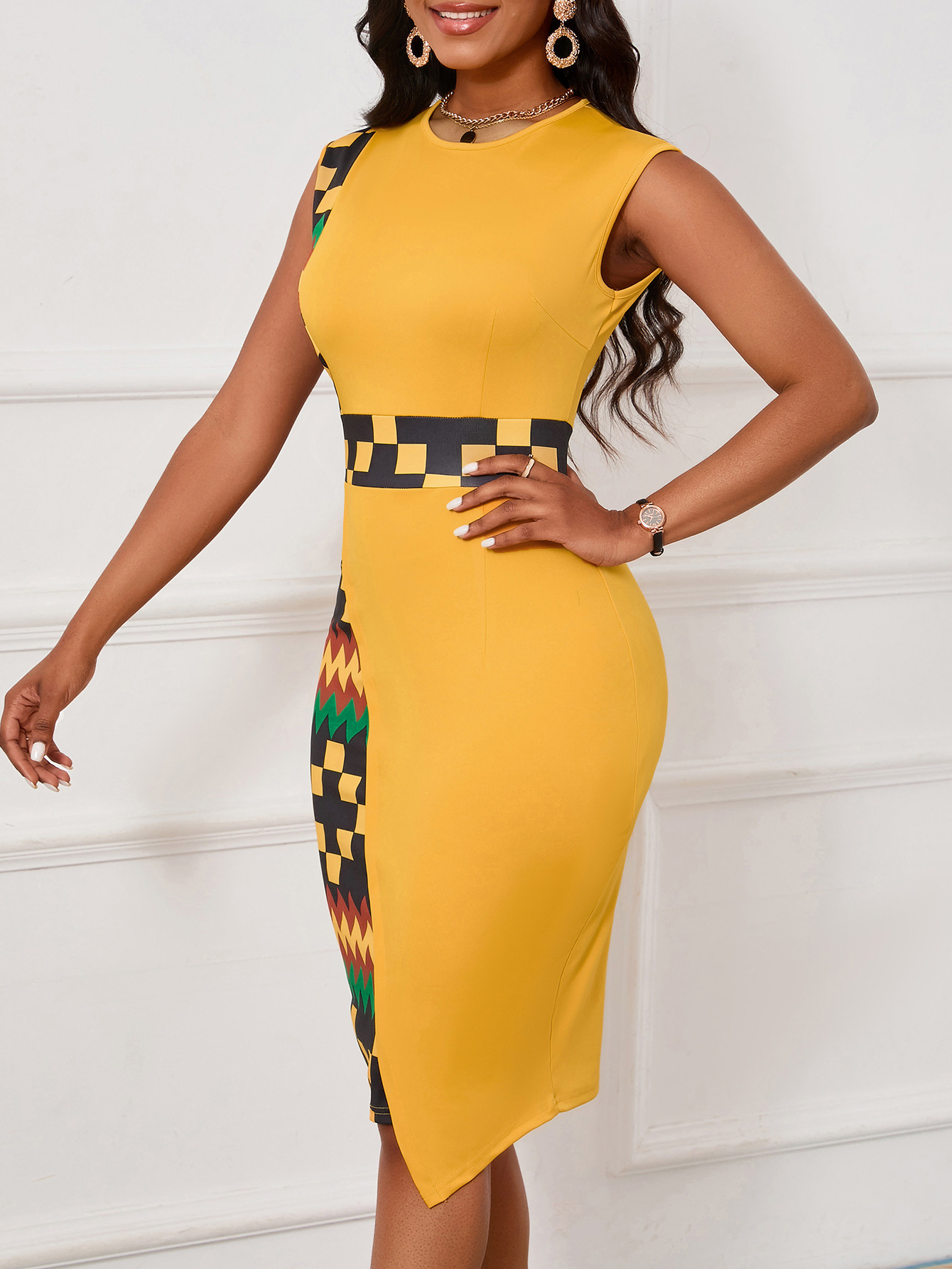Print Patchwork O Neck Sleeveless Work Sheath Dress - Image 5