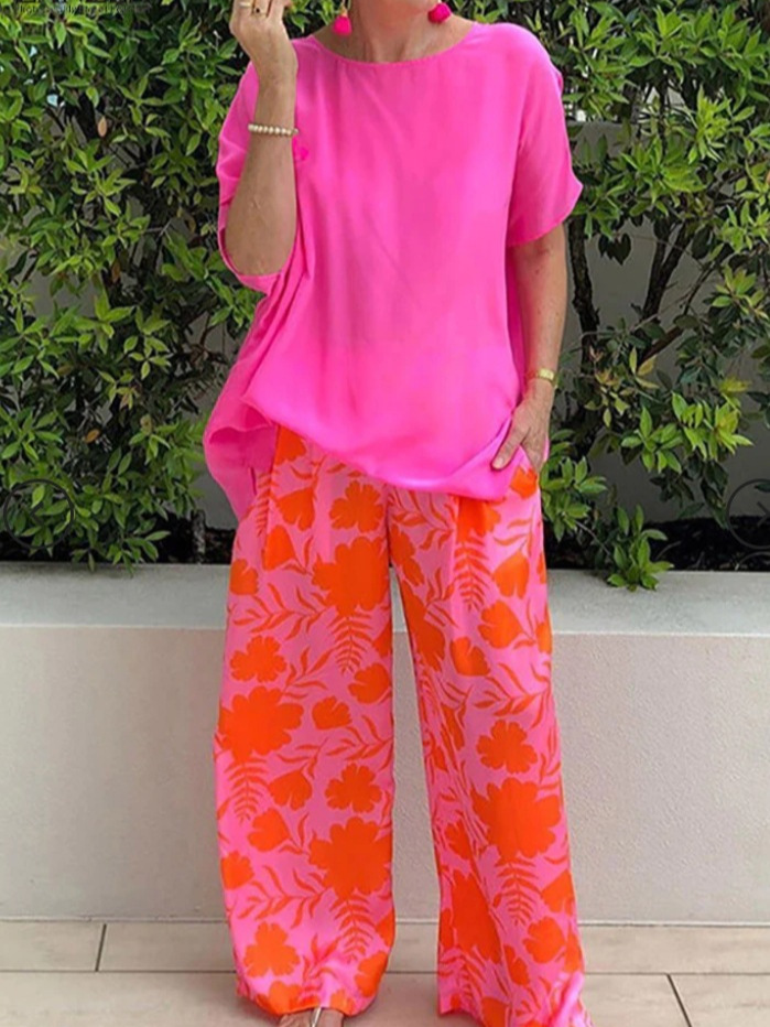 Print Crew Neck Short Sleeve Casual Pants Set - Image 4