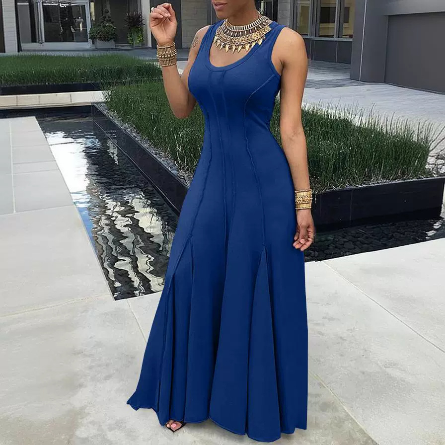 Plain U Neck Sleeveless Pleat A-Line Dress - Image 3
