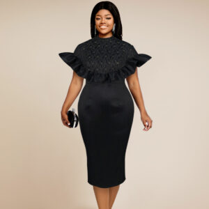 Women's Lace Splice Short Sleeve Party Elegant Black Dress