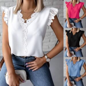 Ruffled Simple V-neck Lace Shirt