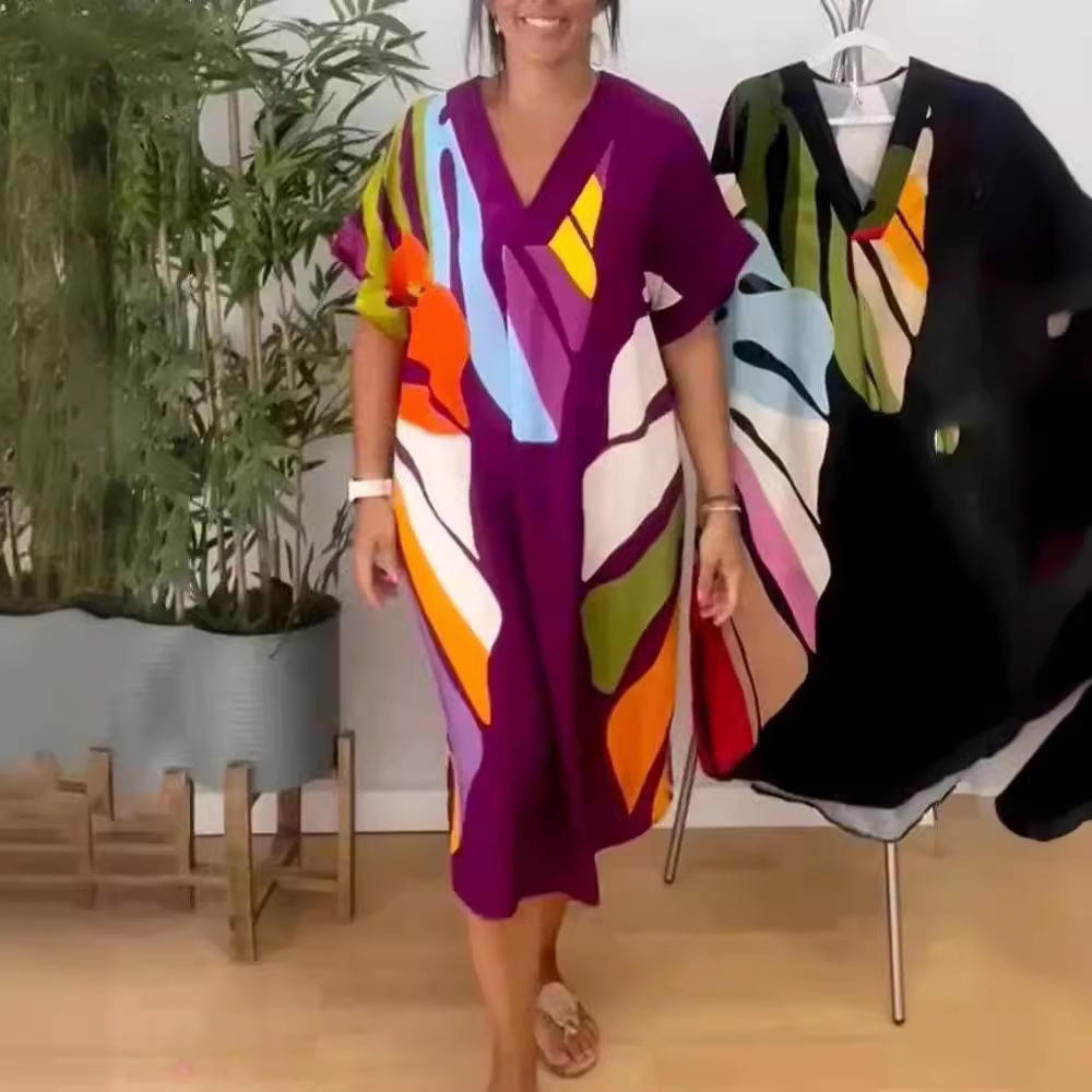 Print V-Neck Short Sleeve Split Casual Dress - Image 3