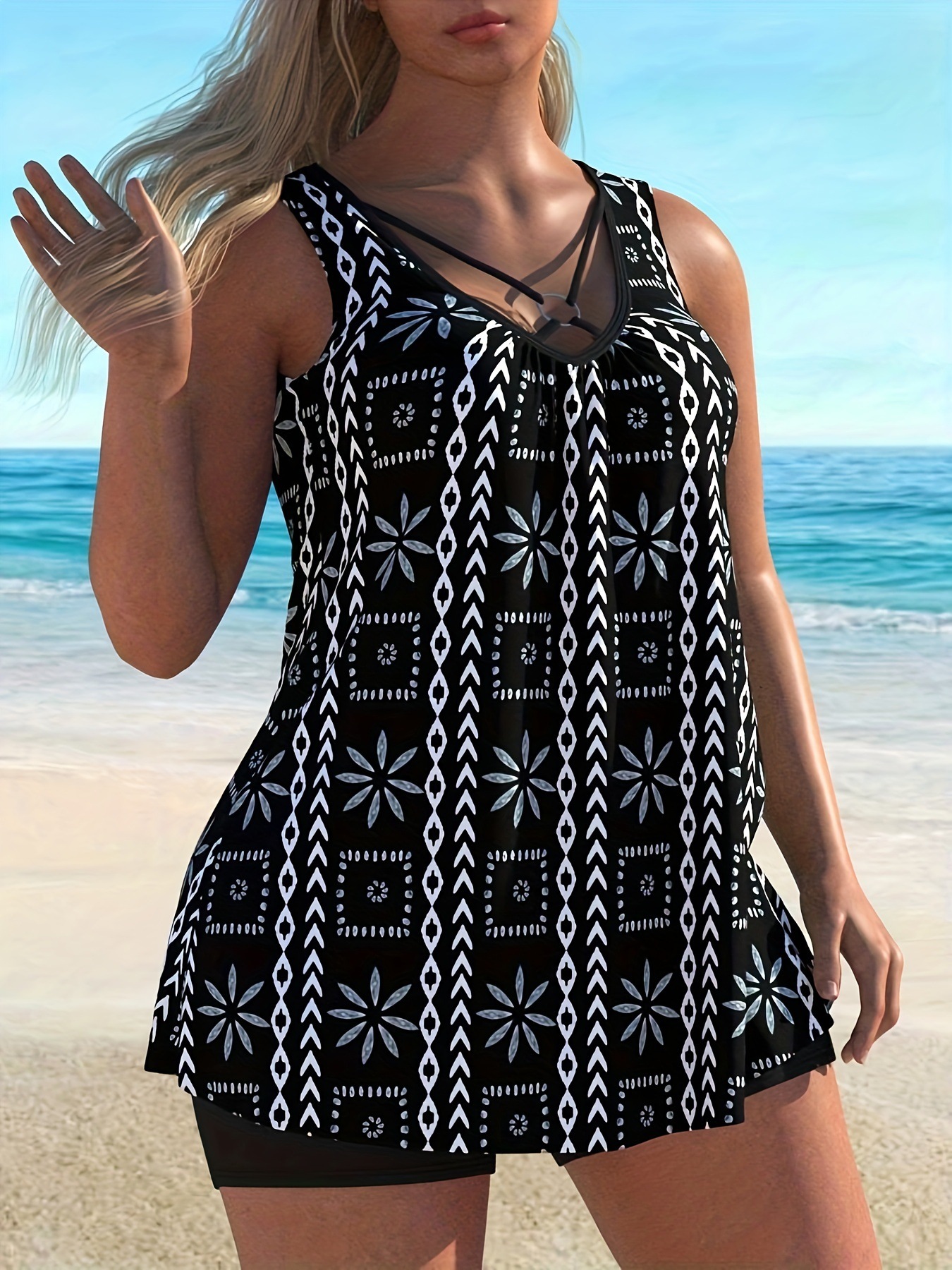 Women's Plus Size Printing V-Neck Beach Swimsuit Tankini - Image 3