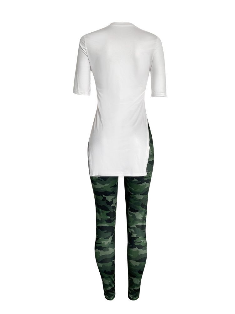 Camouflage Crew Neck Short Sleeve Split Casual Pants Set - Image 4