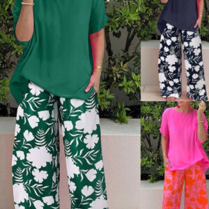 Print Crew Neck Short Sleeve Casual Pants Set