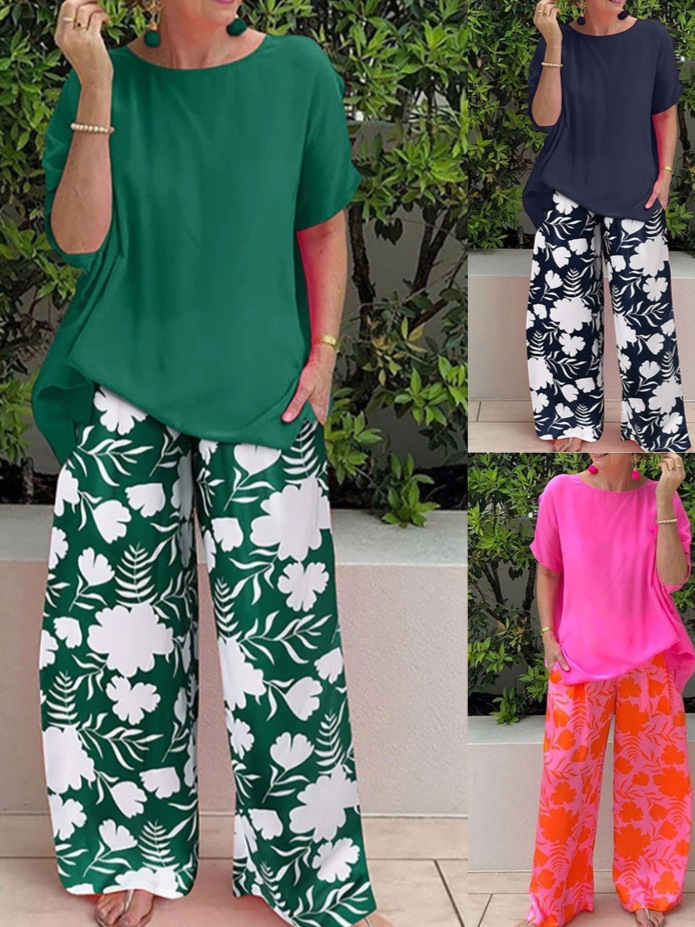 Print Crew Neck Short Sleeve Casual Pants Set