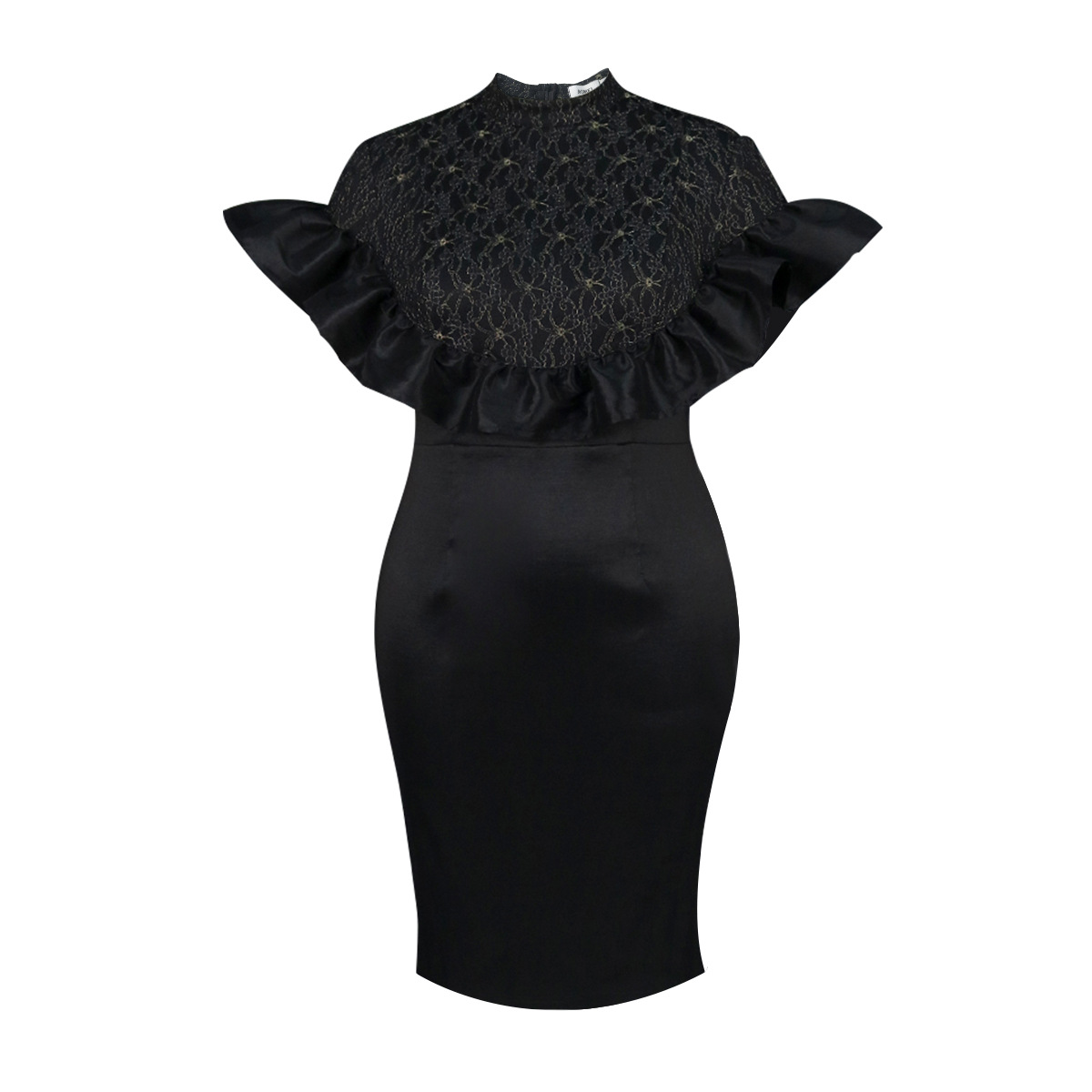 Women's Lace Splice Short Sleeve Party Elegant Black Dress - Image 5