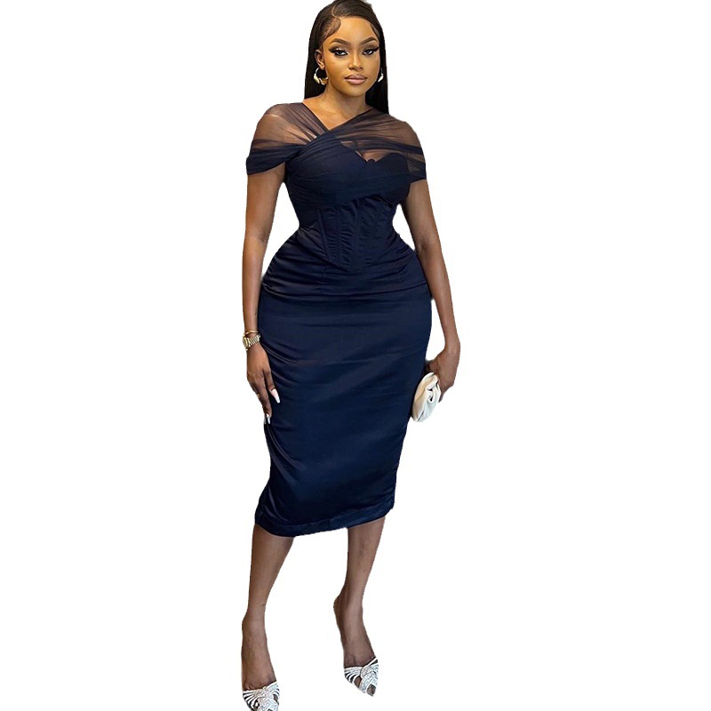Women's Elegant Mesh Patchwork Midi Bodycon Black Dress - Image 5