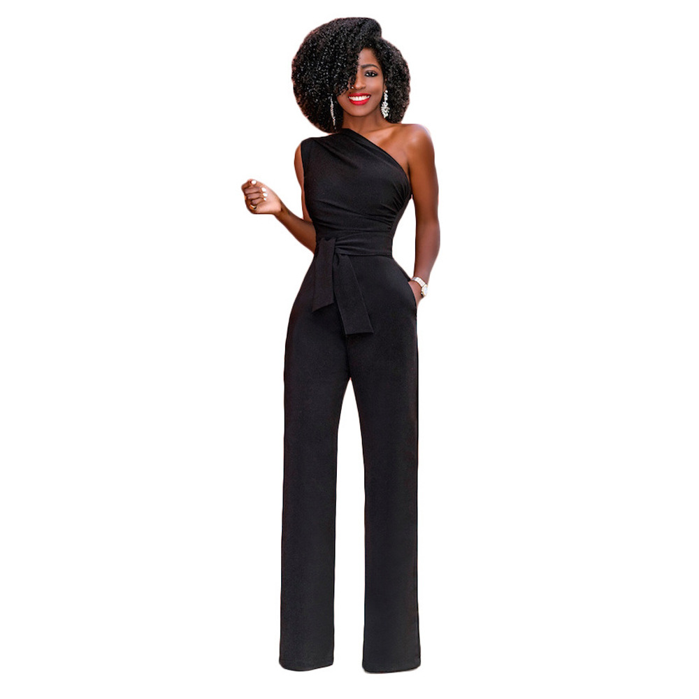 Women's Solid Color Slant Collar Buttoned Jumpsuit Wide Leg Pants - Image 2
