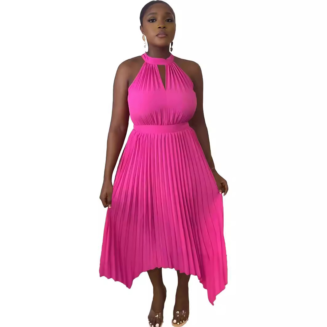 Women's Sleeveless Off-shoulder Pleated Irregular Halterneck Summer Dress - Image 4