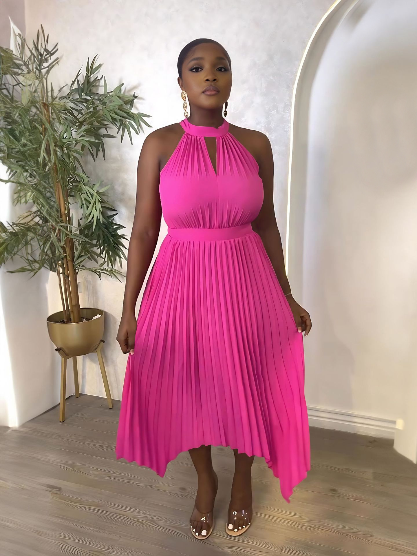 Women's Sleeveless Off-shoulder Pleated Irregular Halterneck Summer Dress - Image 6