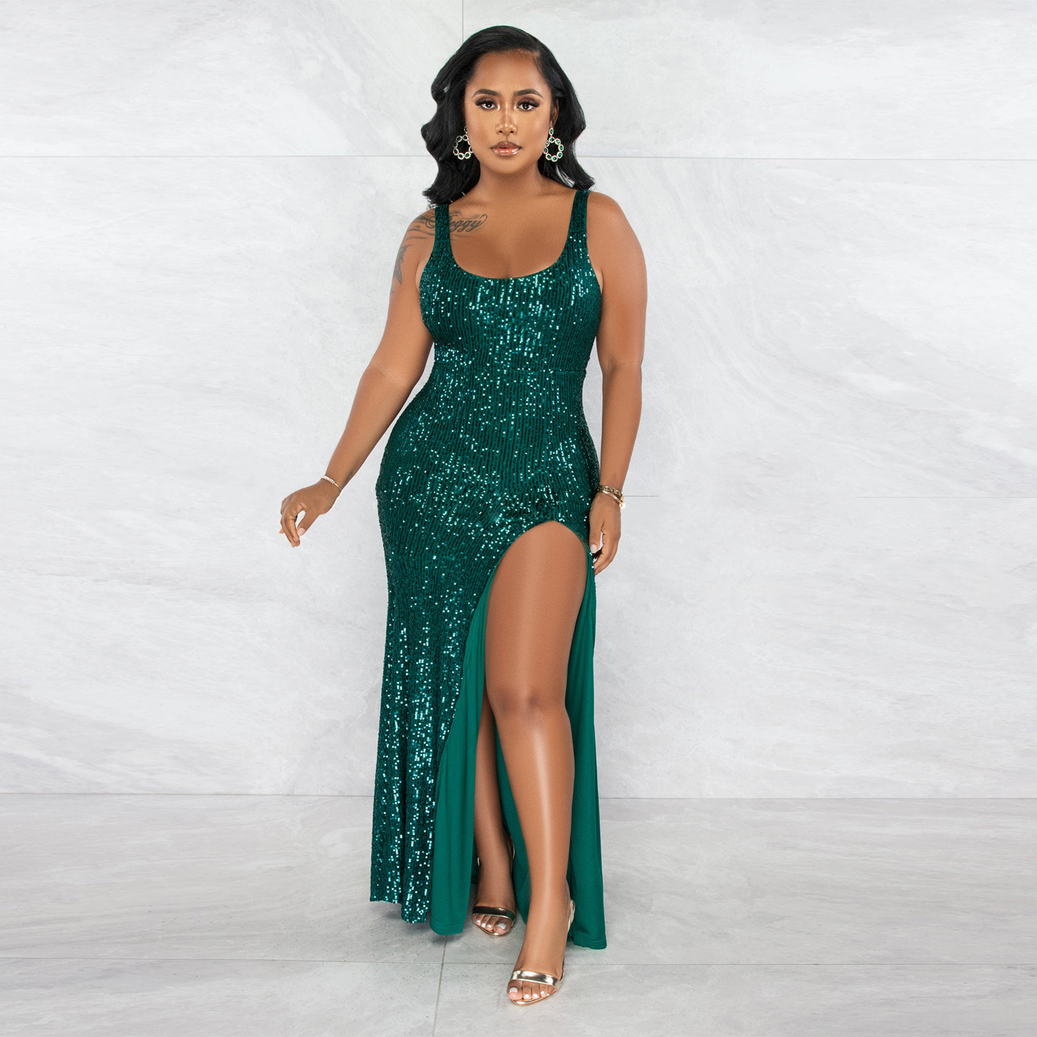 Women's Sequins Sleeveless Split Sheath Plain Party Dress - Image 5