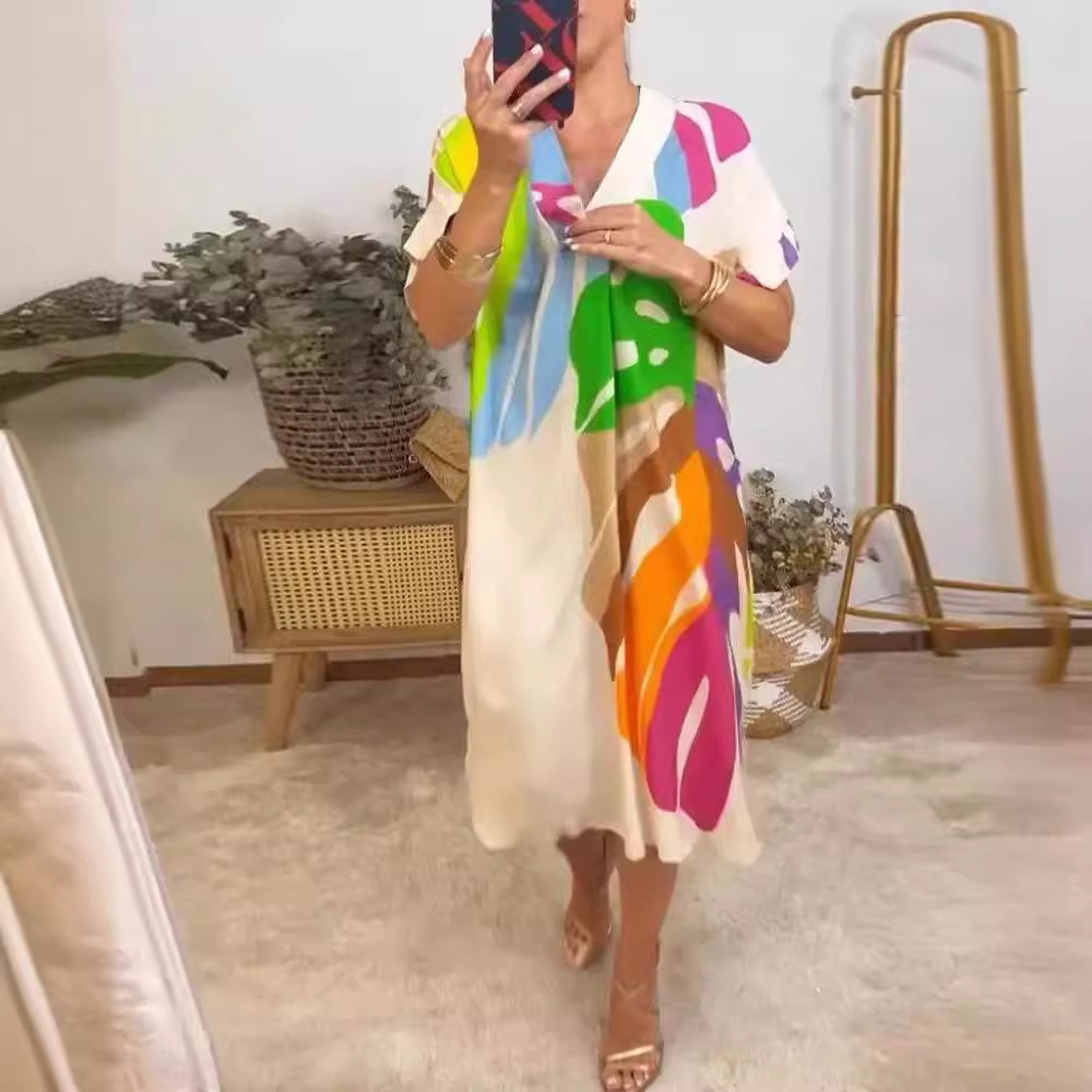Print V-Neck Short Sleeve Split Casual Dress - Image 2