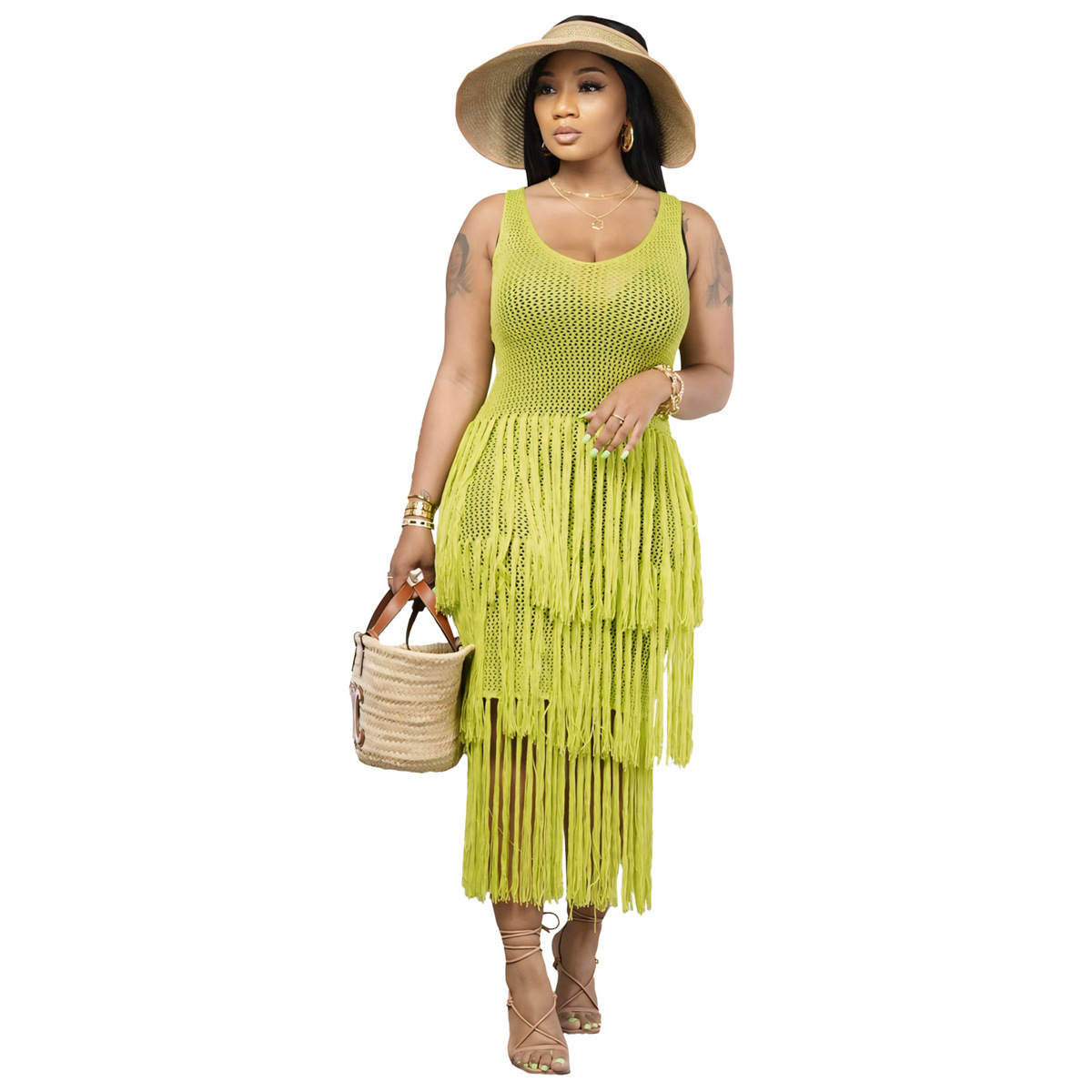 Plain Crew Neck Sleeveless Tassel Elegant Dress - Image 2