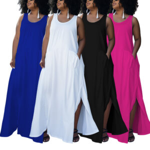 Women's Plain Crew Neck Sleeveless Split Casual Dress