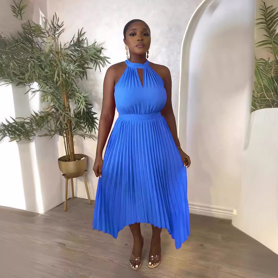 Women's Sleeveless Off-shoulder Pleated Irregular Halterneck Summer Dress - Image 2