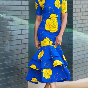 Women Printed Multi-Layer Cascading Ruffles Fishtail Dress