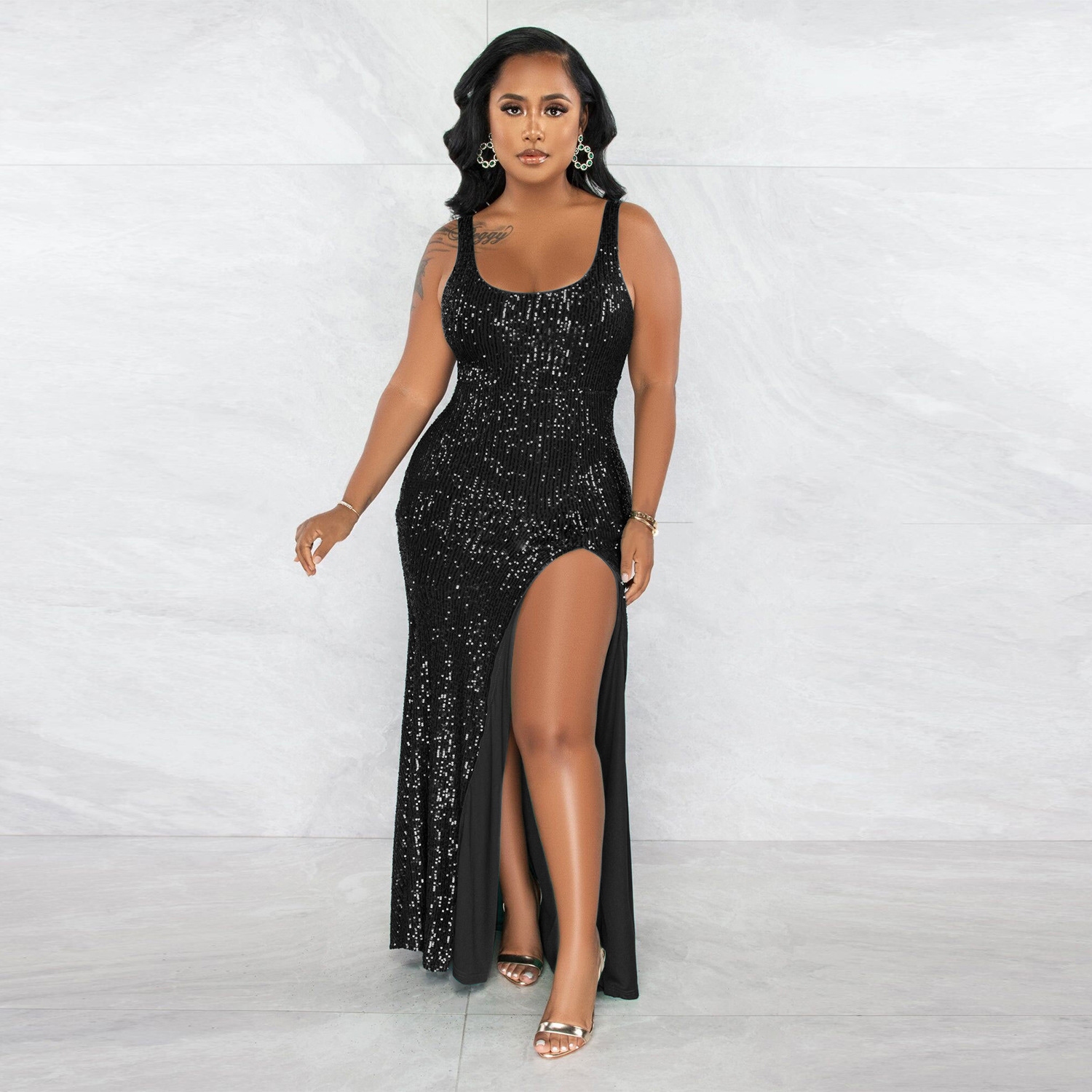 Women's Sequins Sleeveless Split Sheath Plain Party Dress - Image 6