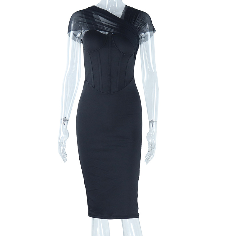 Women's Elegant Mesh Patchwork Midi Bodycon Black Dress - Image 6