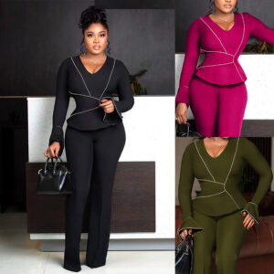 Women's Flare Sleeve V-Neck Top Wide-leg Pants Elegant Two-piece Set