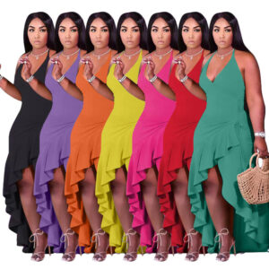 Plain V-Neck Sleeveless Split Irregular Ruffle Elegant Dress