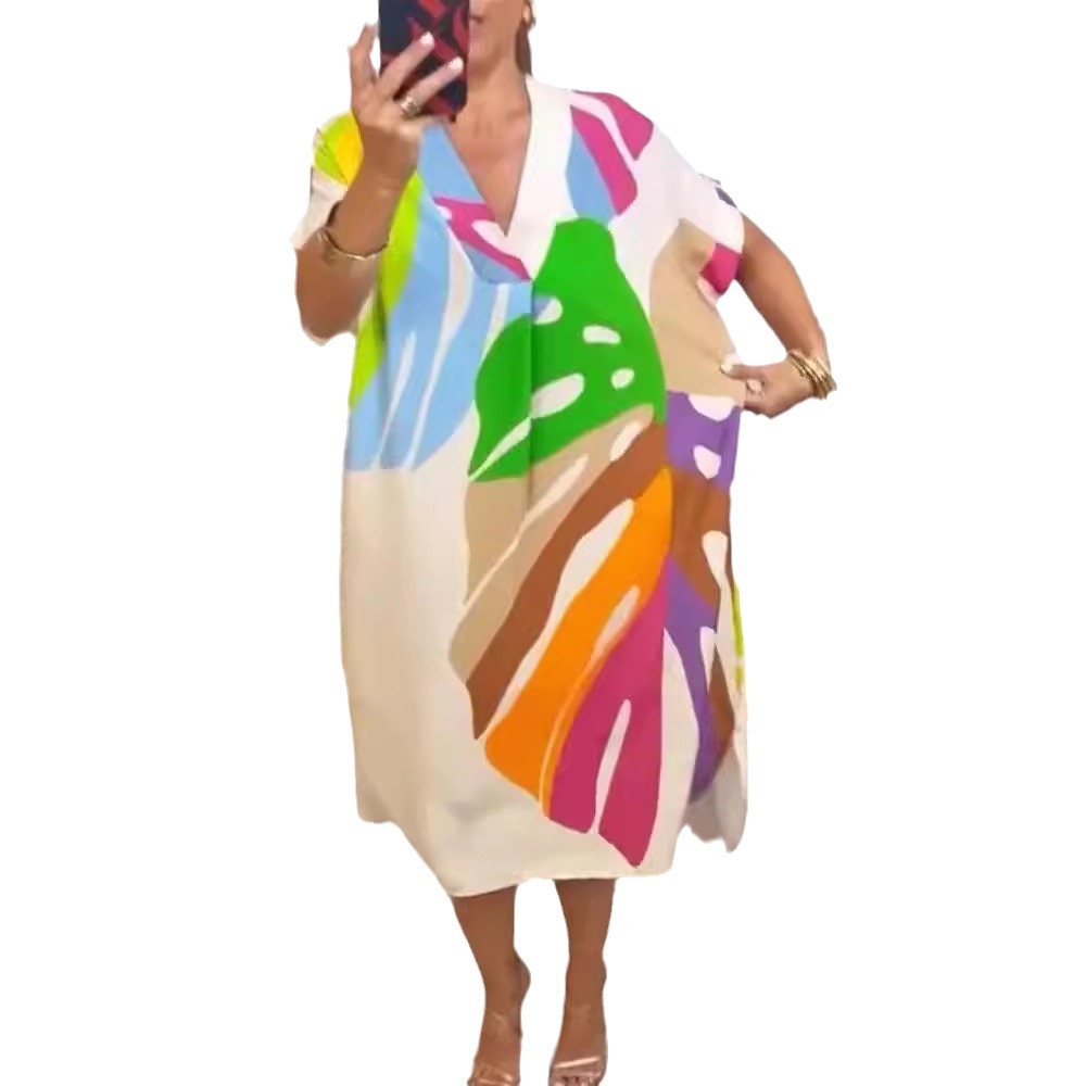 Print V-Neck Short Sleeve Split Casual Dress - Image 5