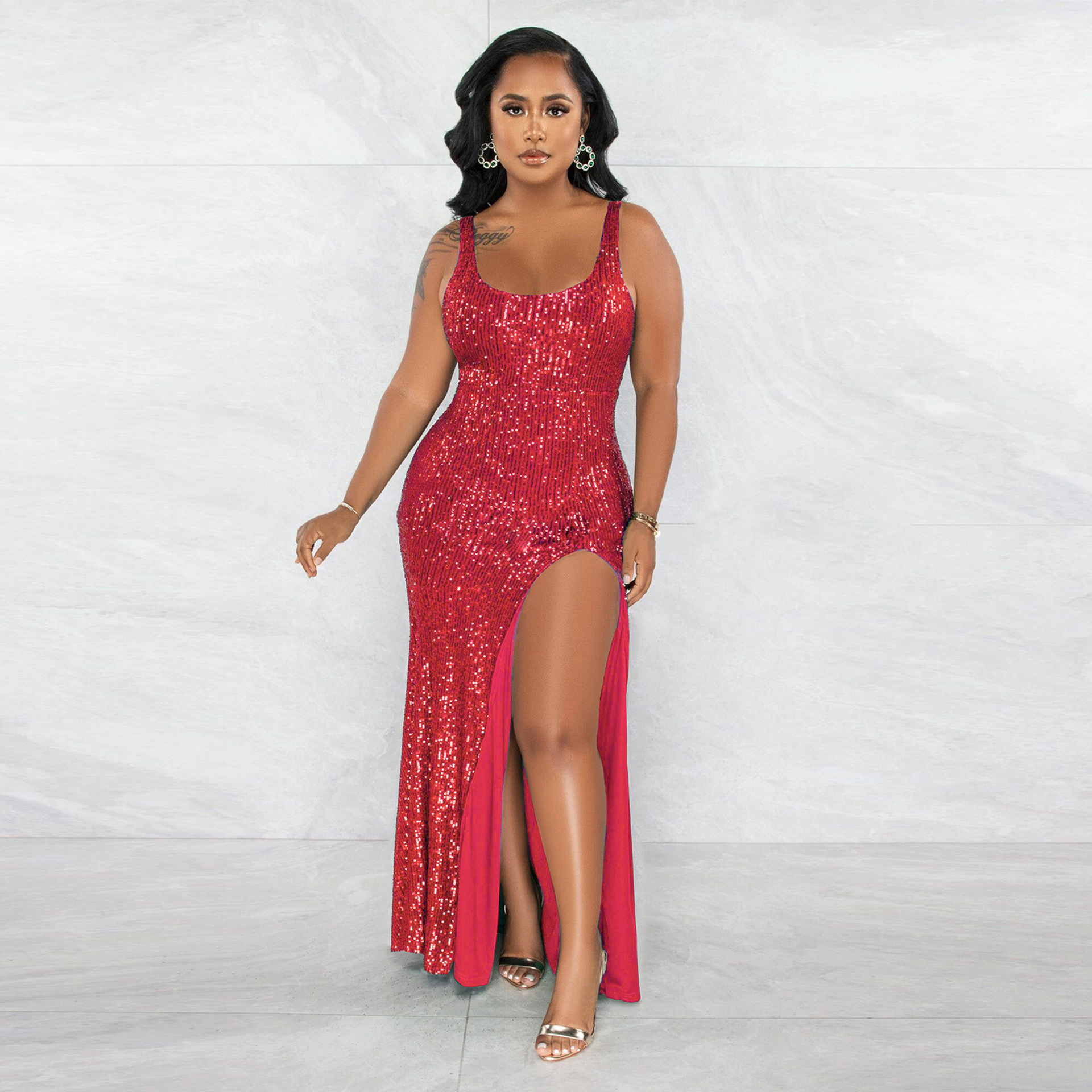 Women's Sequins Sleeveless Split Sheath Plain Party Dress - Image 2