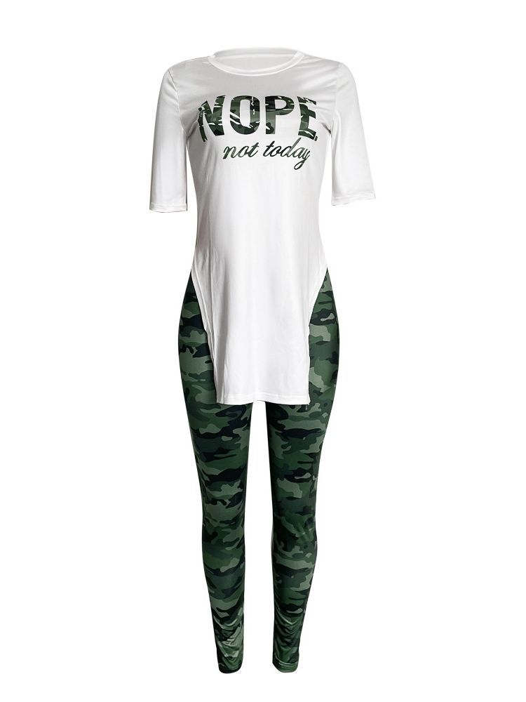 Camouflage Crew Neck Short Sleeve Split Casual Pants Set - Image 5