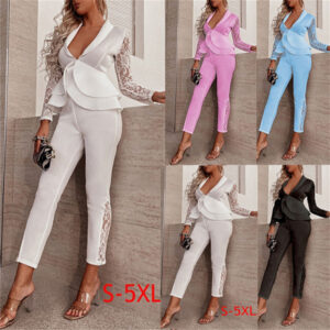 Women's Blazer Office Suit Pants Sets Solid Color Office Wear Ruffle Lace Long Sleeve Shirt Collar