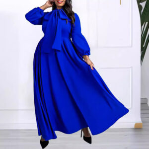 Women's Plain Puff-sleeved Bow Tie High Waist Swing Dress