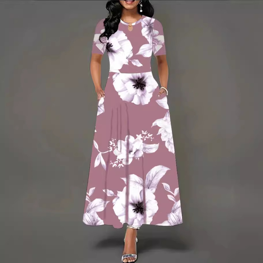 Women's Loose Long Sleeve High Waist Plus Size Pocket V Neck Dress