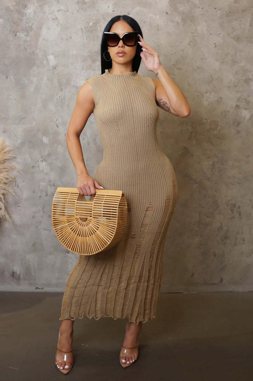 Plain Crew Neck Sleeveless Knit Fabric Elegant Dress - Image 6