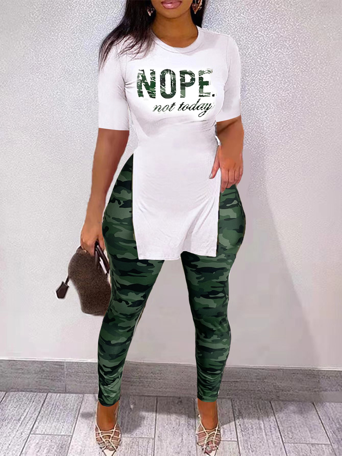 Camouflage Crew Neck Short Sleeve Split Casual Pants Set - Image 3