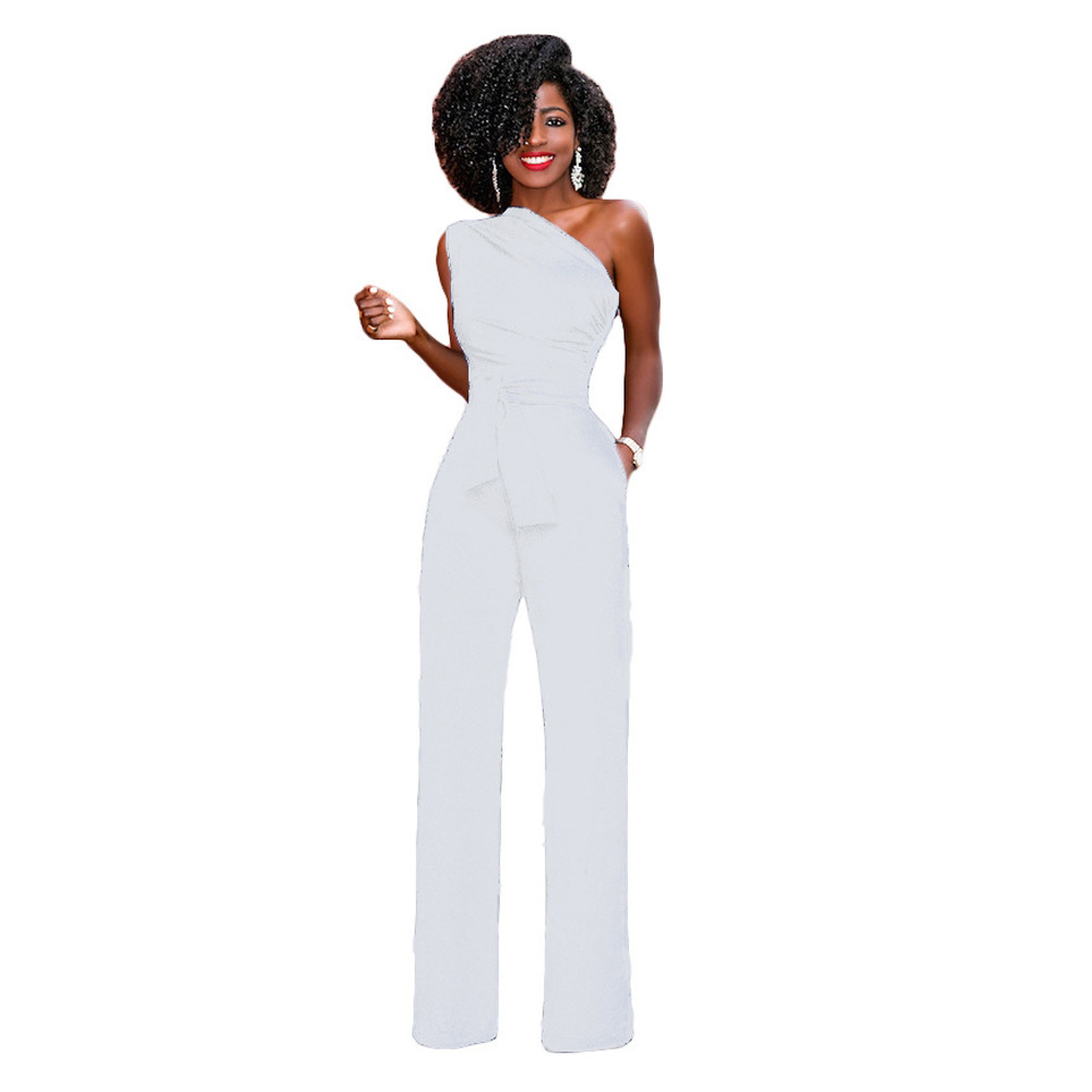 Women's Solid Color Slant Collar Buttoned Jumpsuit Wide Leg Pants - Image 5
