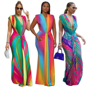 Gradation Print Deep V Neck Sleeveless Pleat Elegant Dress