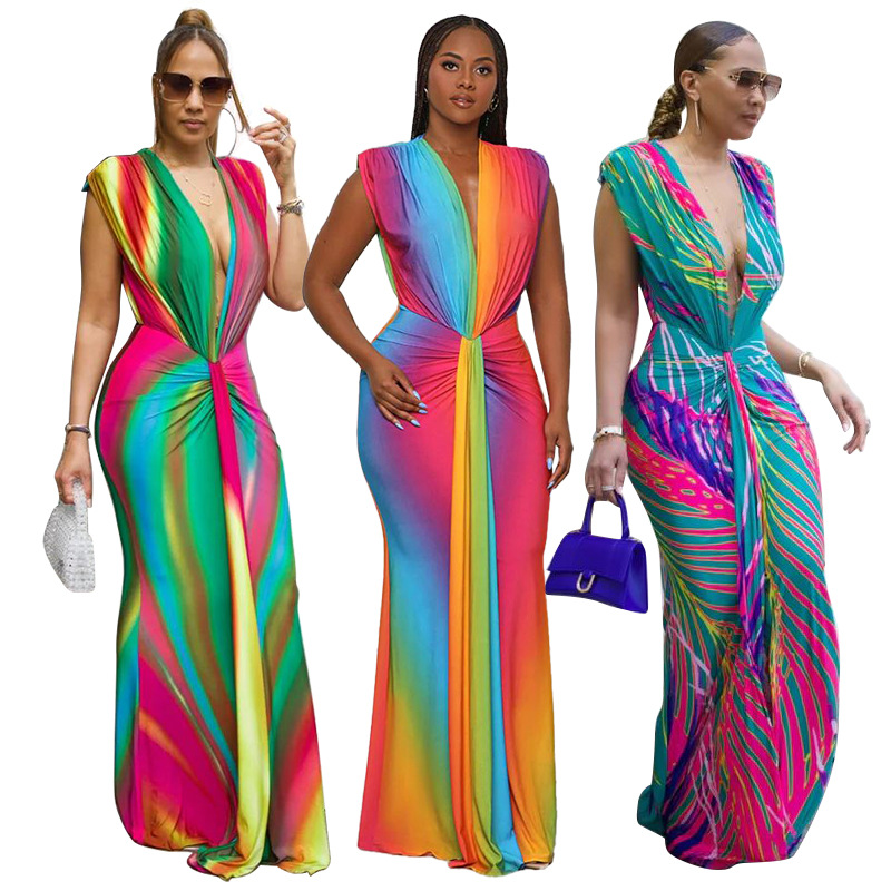 Gradation Print Deep V Neck Sleeveless Pleat Elegant Dress