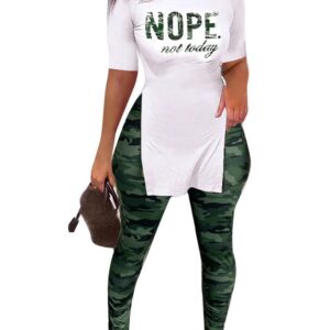 Camouflage Crew Neck Short Sleeve Split Casual Pants Set