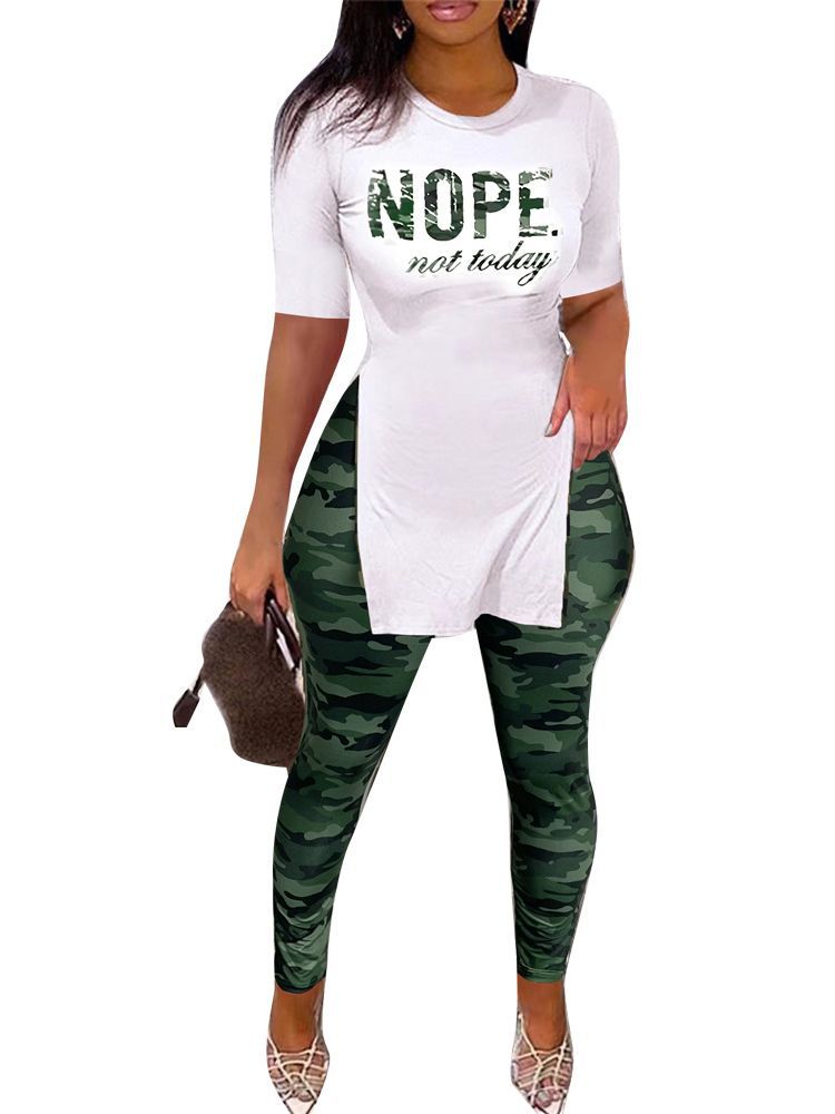 Camouflage Crew Neck Short Sleeve Split Casual Pants Set