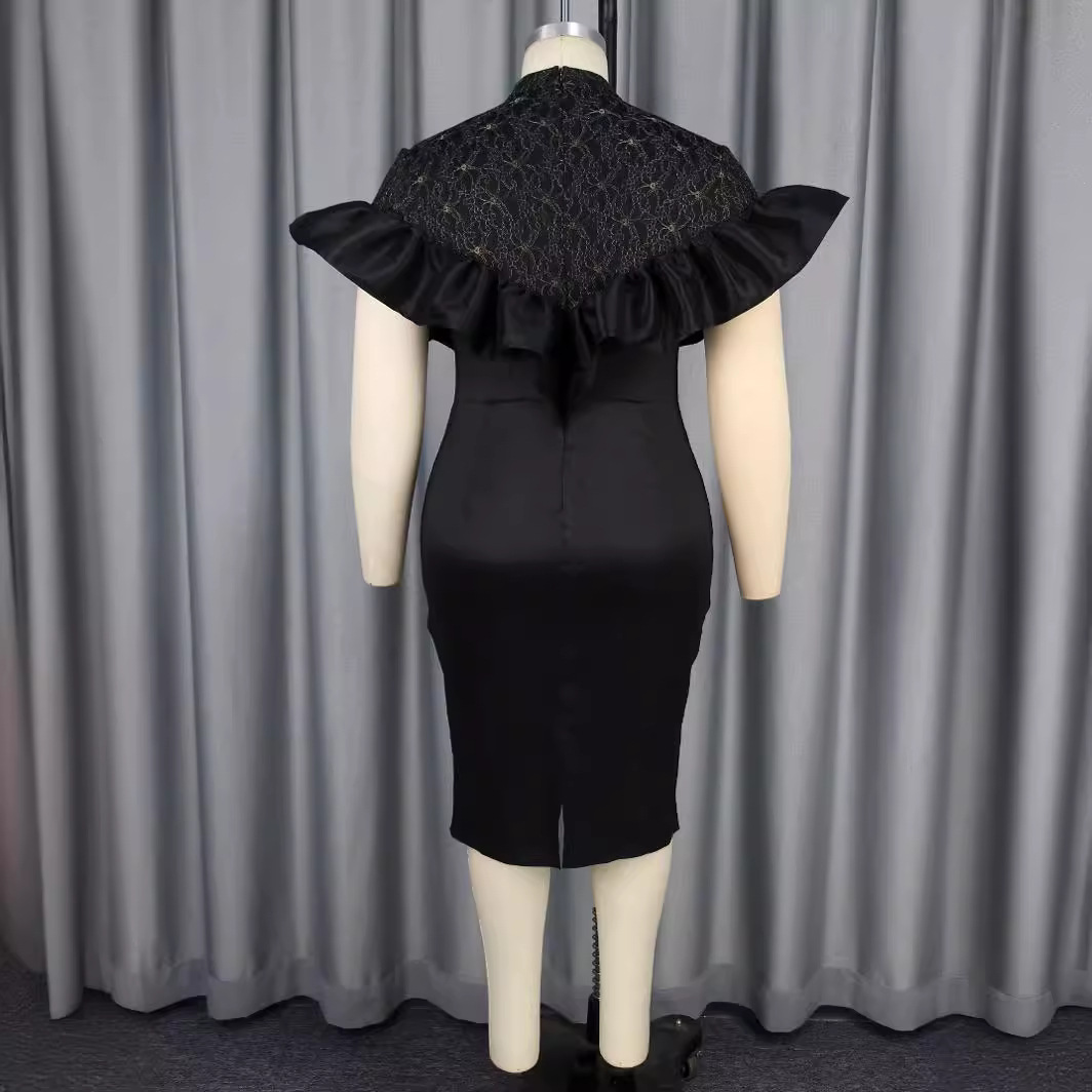 Women's Lace Splice Short Sleeve Party Elegant Black Dress - Image 3