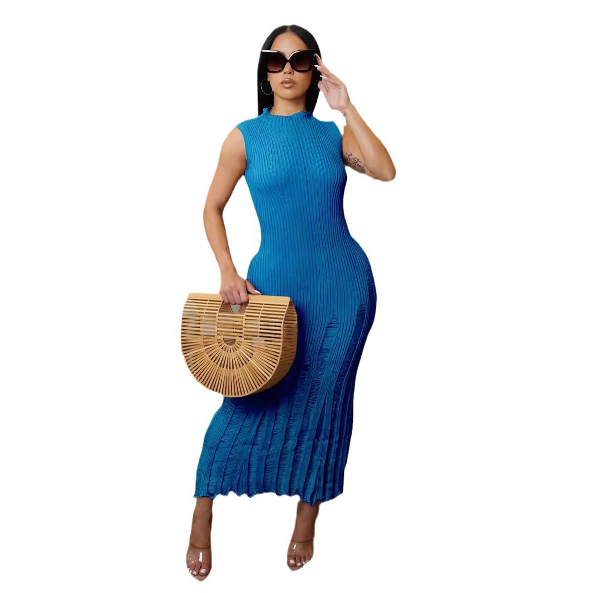 Plain Crew Neck Sleeveless Knit Fabric Elegant Dress - Image 5