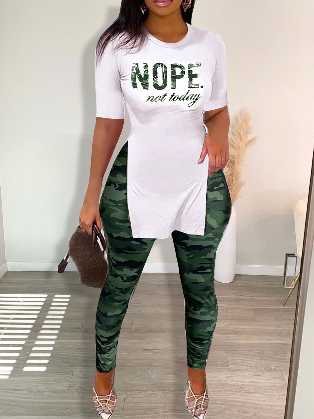 Camouflage Crew Neck Short Sleeve Split Casual Pants Set - Image 2