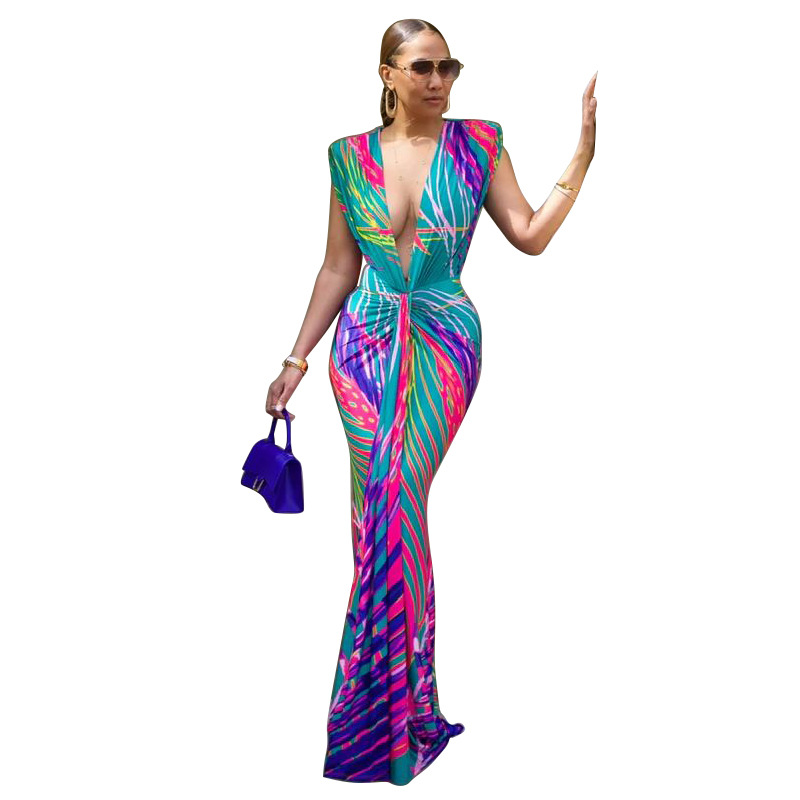 Gradation Print Deep V Neck Sleeveless Pleat Elegant Dress - Image 6