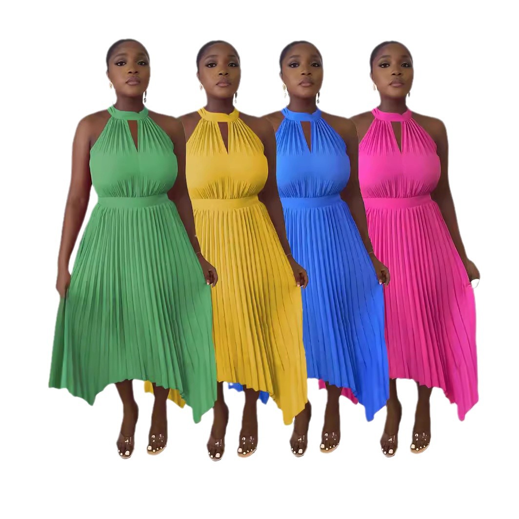 Women's Sleeveless Off-shoulder Pleated Irregular Halterneck Summer Dress - Image 5