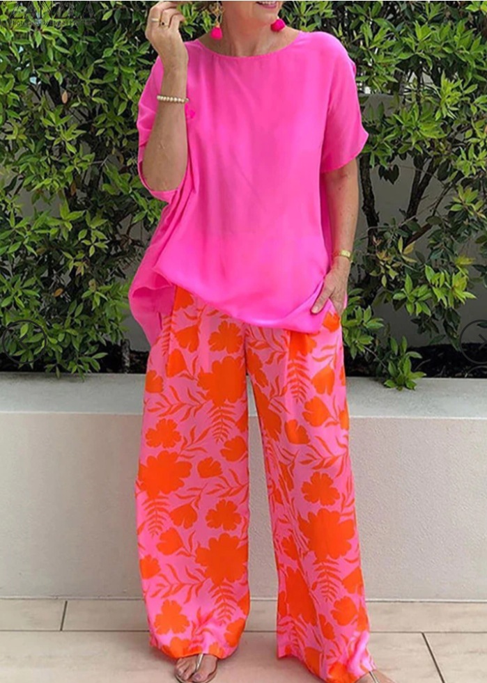 Print Crew Neck Short Sleeve Casual Pants Set - Image 5