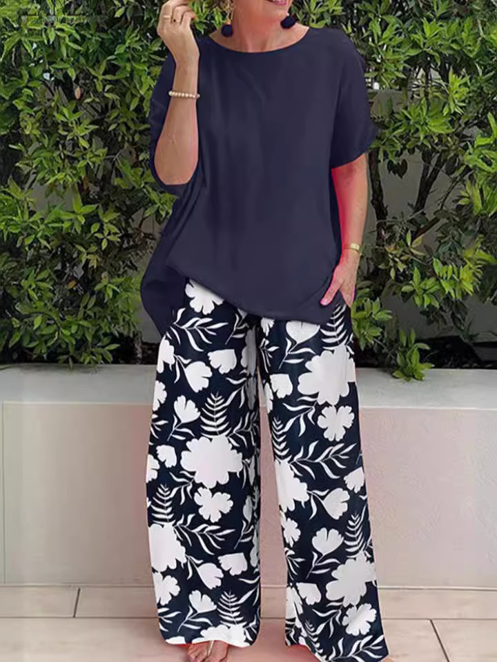 Print Crew Neck Short Sleeve Casual Pants Set - Image 3