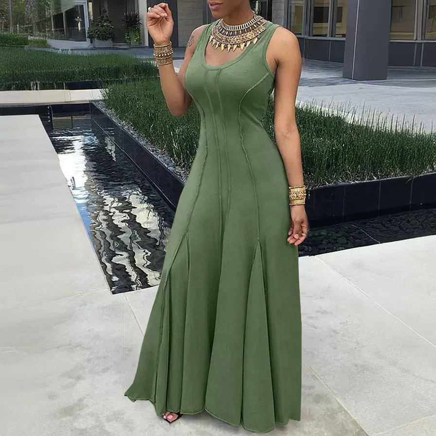Plain U Neck Sleeveless Pleat A-Line Dress - Image 4